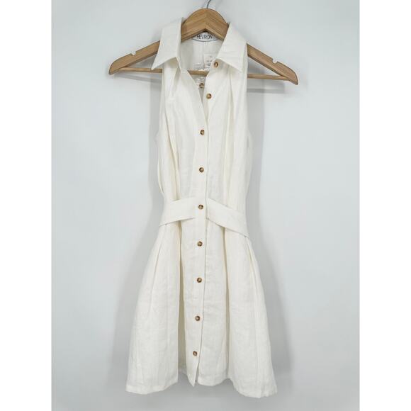 Hevron Domino Mini Dress 100% Linen Sleeveless Cut-Out Belted Shirtdress White - Picture 7 of 11